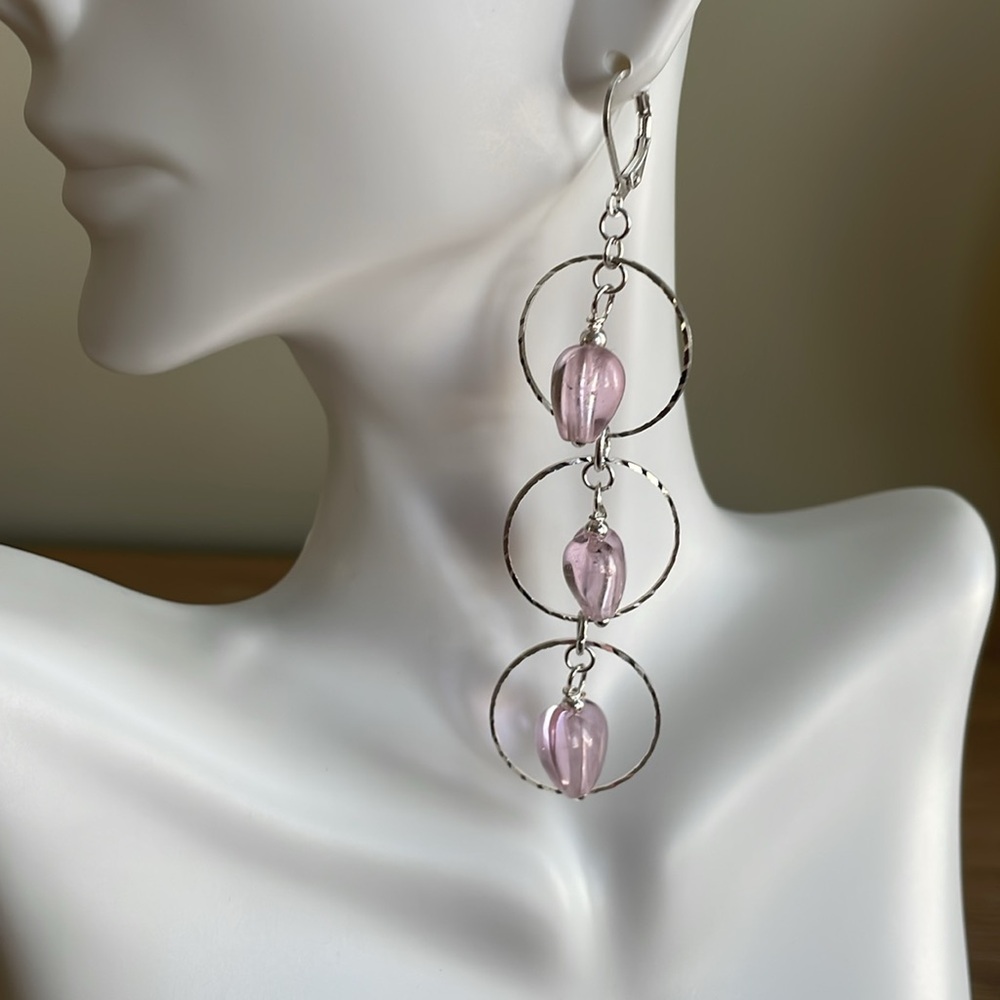 HAND CRAFTED EARRINGS Pink Hearts Silver Rings Drop Dangle Valentine’s Day - Picture 3 of 12